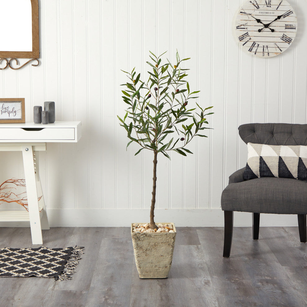 52" Olive Artificial Tree, Country White Planter