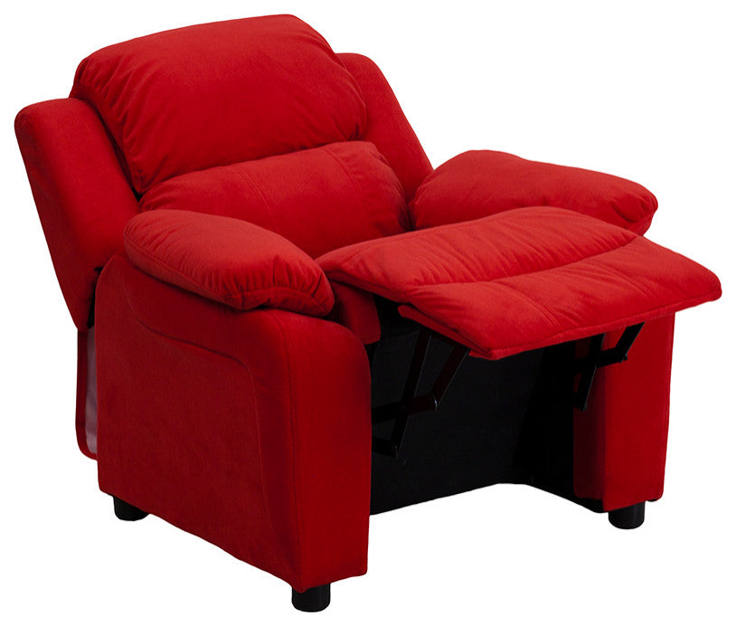 Deluxe Padded Red Microfiber Kids Recliner with Storage Arms