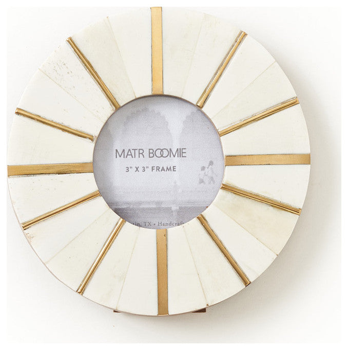 Mukhendu 3"x3" Round Picture Frame Carved Bone, Brass Accents