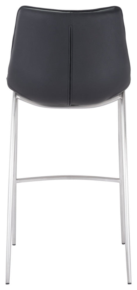 Bar Stool Chair Barstool, Set of 2, Faux Vinyl Leather, Steel, Black, Silver