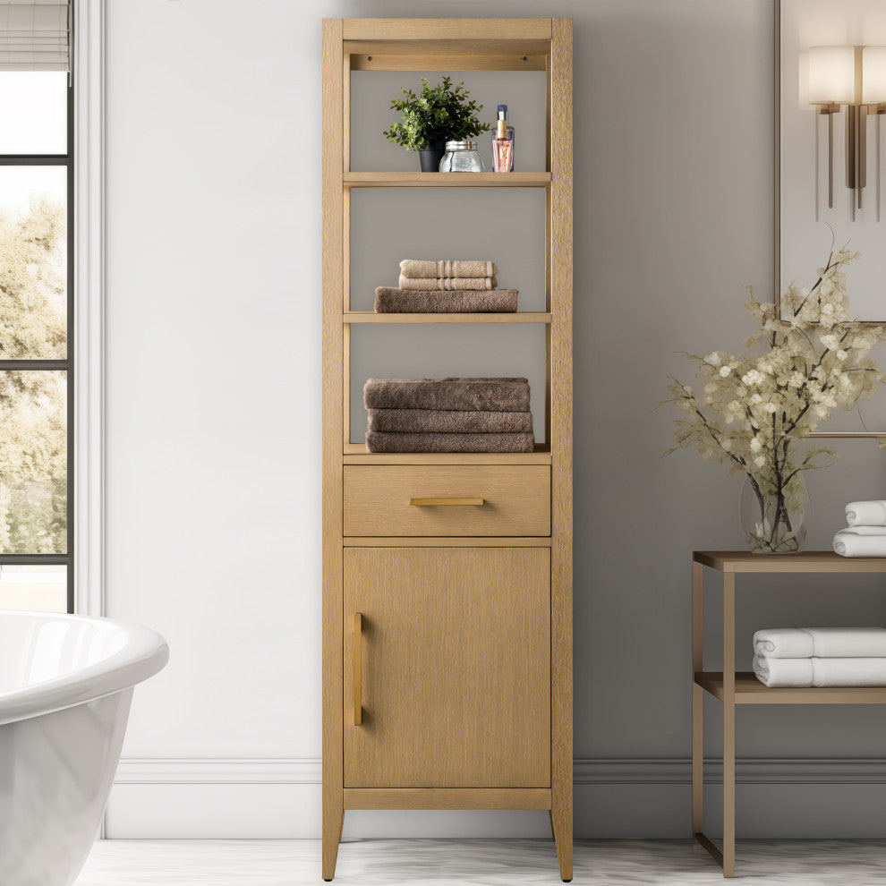 Vanity Art 21" Freestanding Linen Cabinet, Natural Oak, Golden Brushed Handle