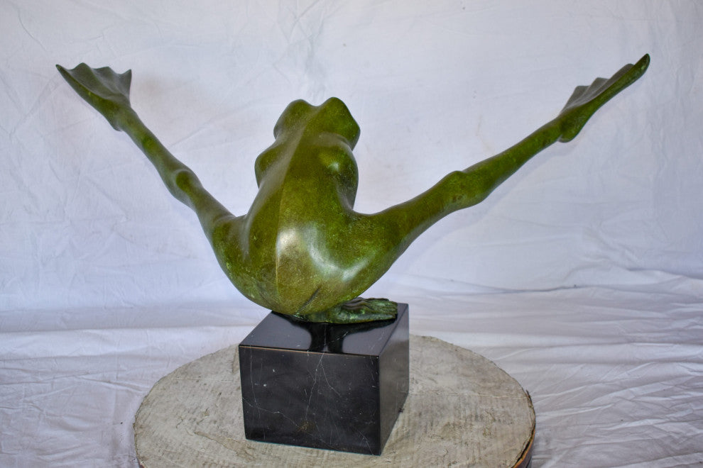 Acrobatic Frog Green Patina Bronze Statue Mounted on A Marble  43" x 26" x 20"