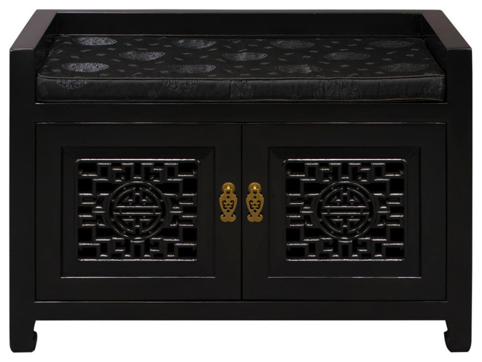 Matte Black Elmwood Longevity Chinese Shoe Bench