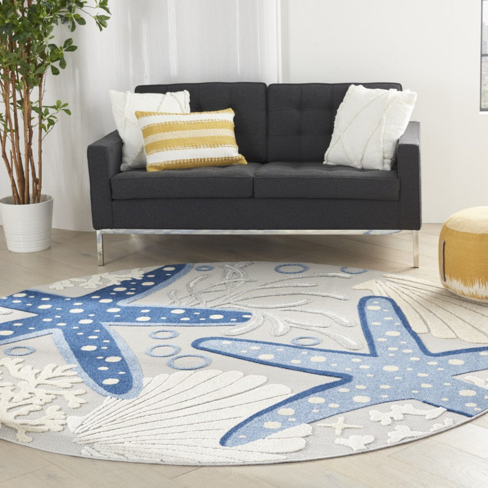 8' Round Blue And Gray Round Indoor Outdoor Area Rug