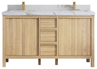 Elizabeth Oak 60" Double Sink Vanity, White 2" Calacatta Gold
