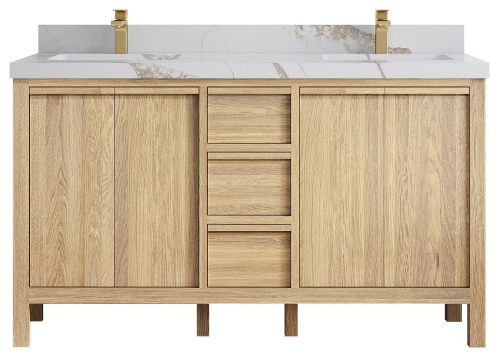 Elizabeth Oak 60" Double Sink Vanity, White 2" Calacatta Gold