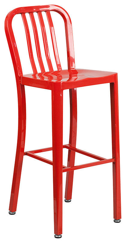 24" Round Red Metal Bar 3-Piece Table Set With 2 Vertical Slat Back Stools
