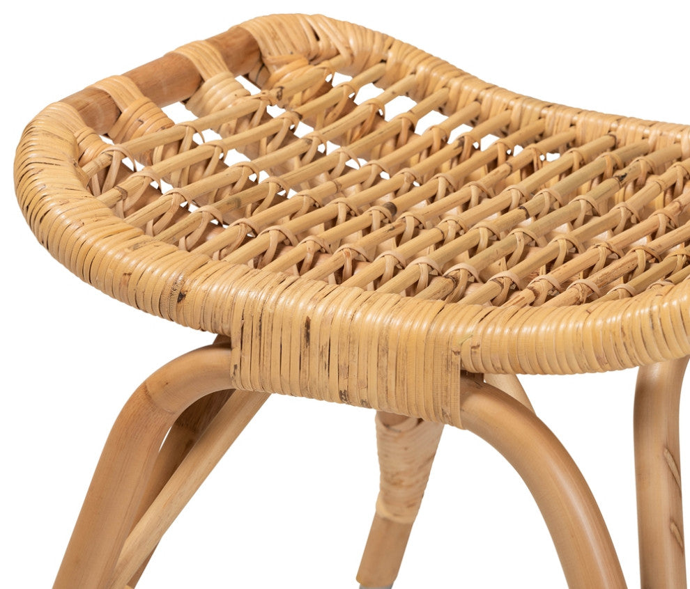 Modern Bohemian Natural Brown Rattan Ottoman