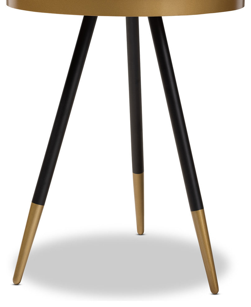 Lauro Modern Round Glossy Marble Metal End Table with Two-Tone Black Gold Legs