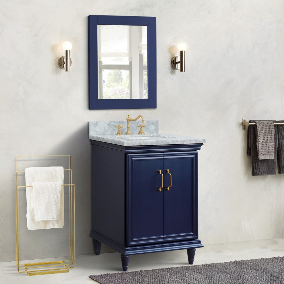 25" Single Vanity, Blue Finish With White Carrara And Rectangle Sink