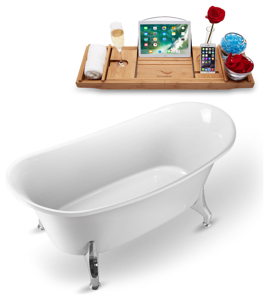 70" White Clawfoot Tub and Tray, Chrome Feet, Chrome Internal Drain
