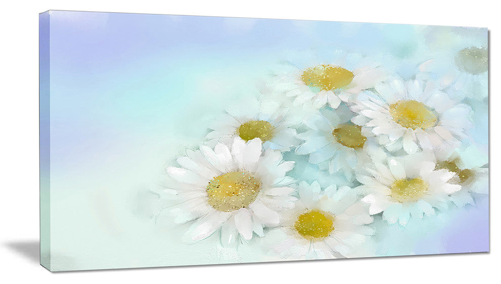 White Gerbera Flowers on Light Blue, Large Floral Canvas Artwork, 32"x16"