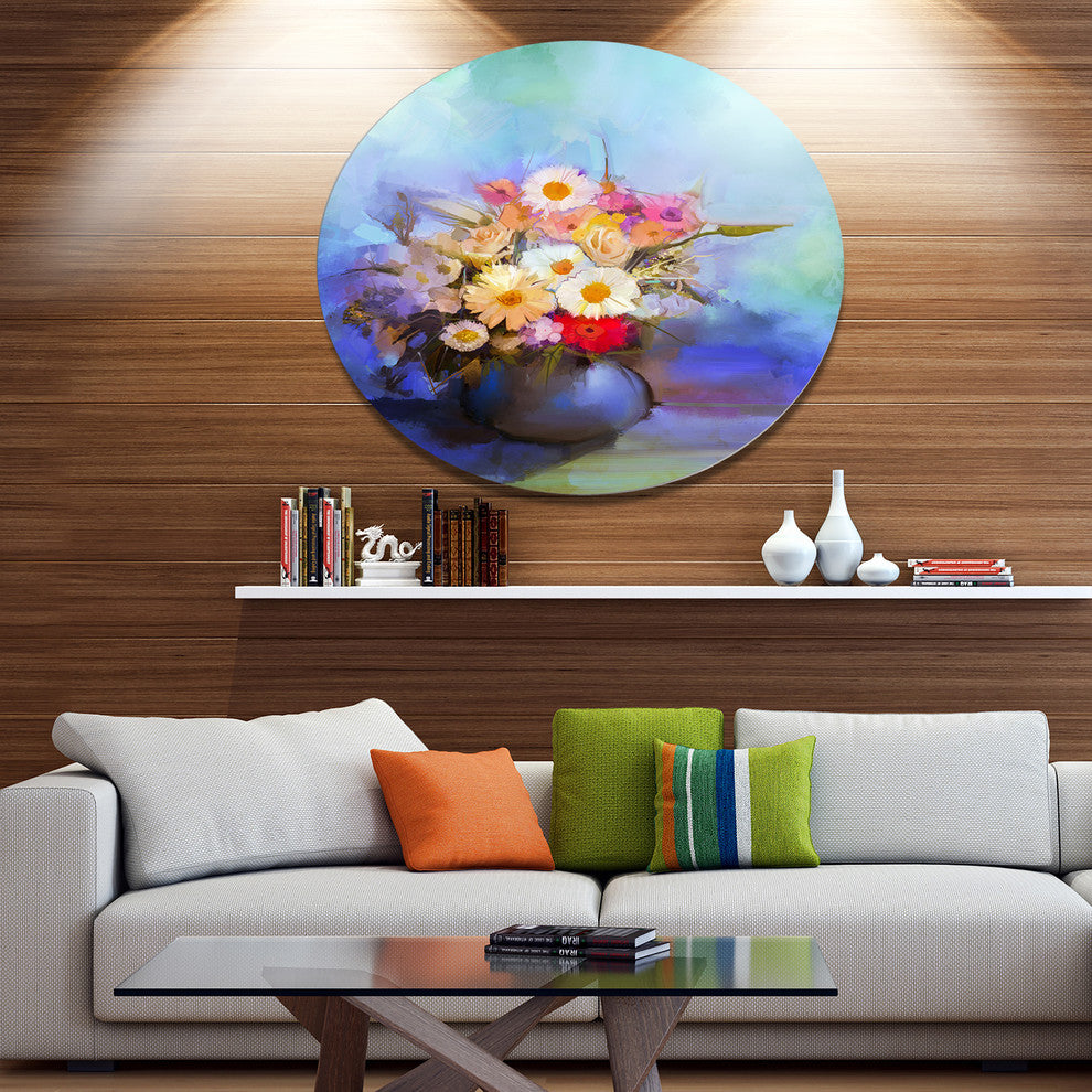 Beautiful Flowers Bouquet On Blue, Floral Round Metal Wall Art, 11"