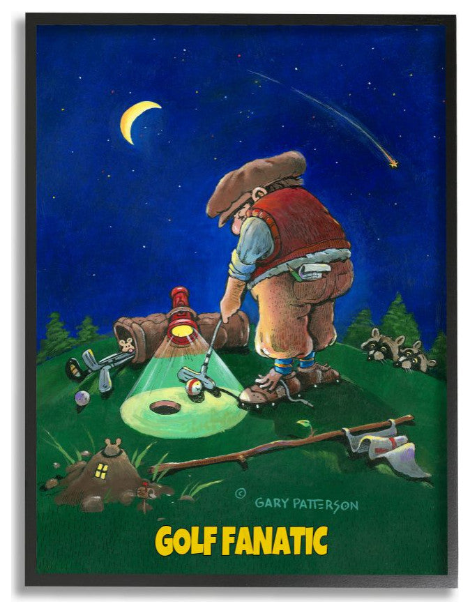 Stupell Industries Gold Fanatic Funny Golf Cartoon Sports Design, 24"x30", Black