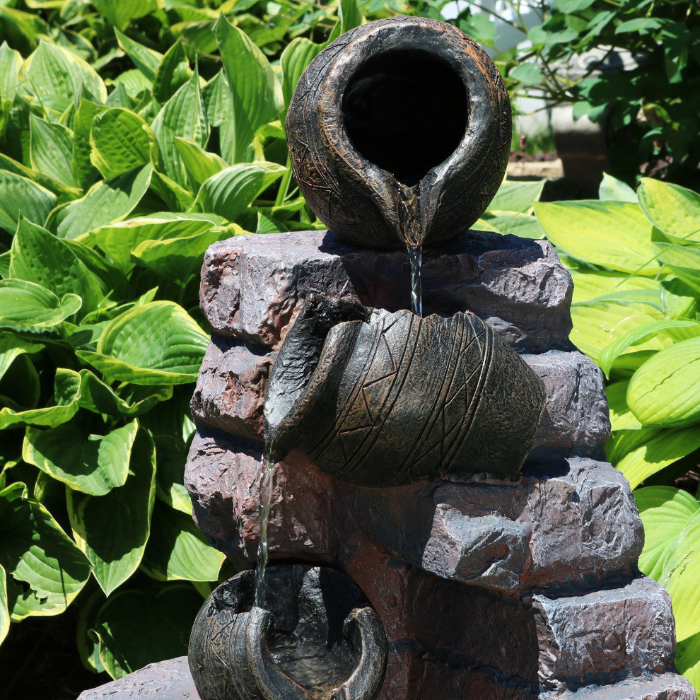 Sunnydaze Crumbling Bricks and Pots Solar-on-Demand LED Fountain, 27"