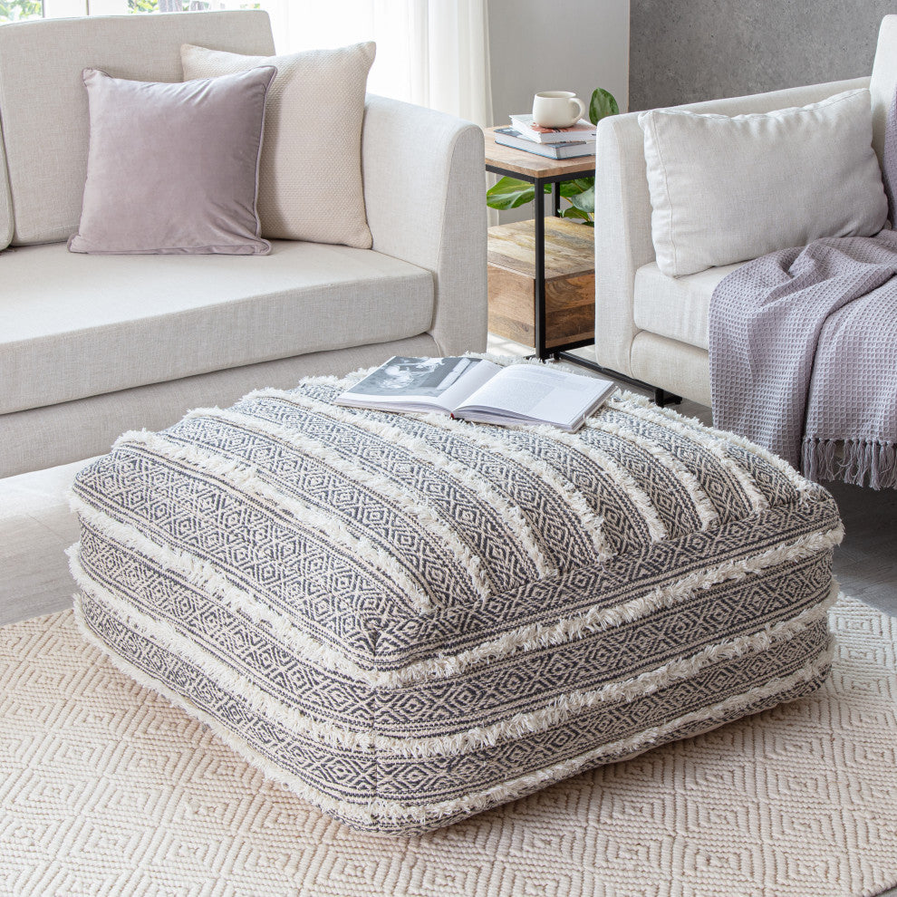 Manu 34" x 34" x 16" Gray and Ivory Ottoman
