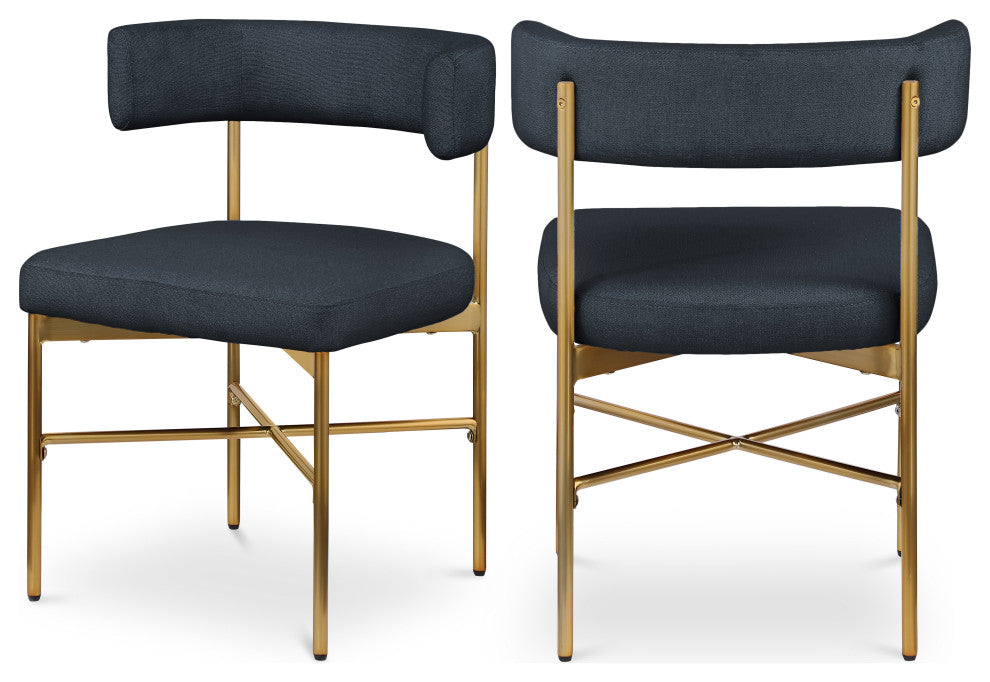Rivage Durable Linen Textured Fabric Dining Chair, Set of 2, Navy, Brushed Gold Finish