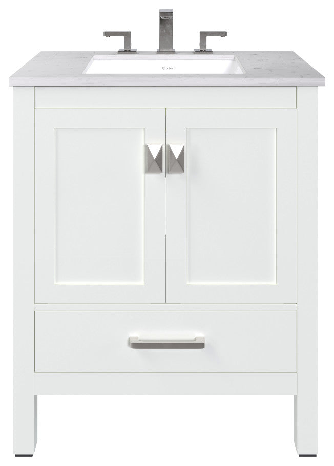 Eviva Aberdeen 30"W White Bath Vanity, White Carrara Quartz Countertop