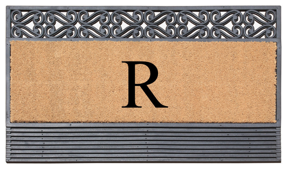 Rosewood Black/Beige 24"x36" Rubber And Coir Monogrammed Doormat, R