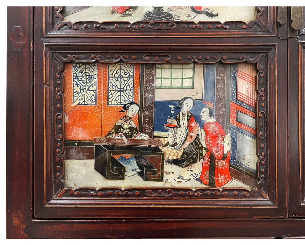 Consigned Antique Chinese Carved Fujian ArmoireWith Reverse Painting Glass Doors