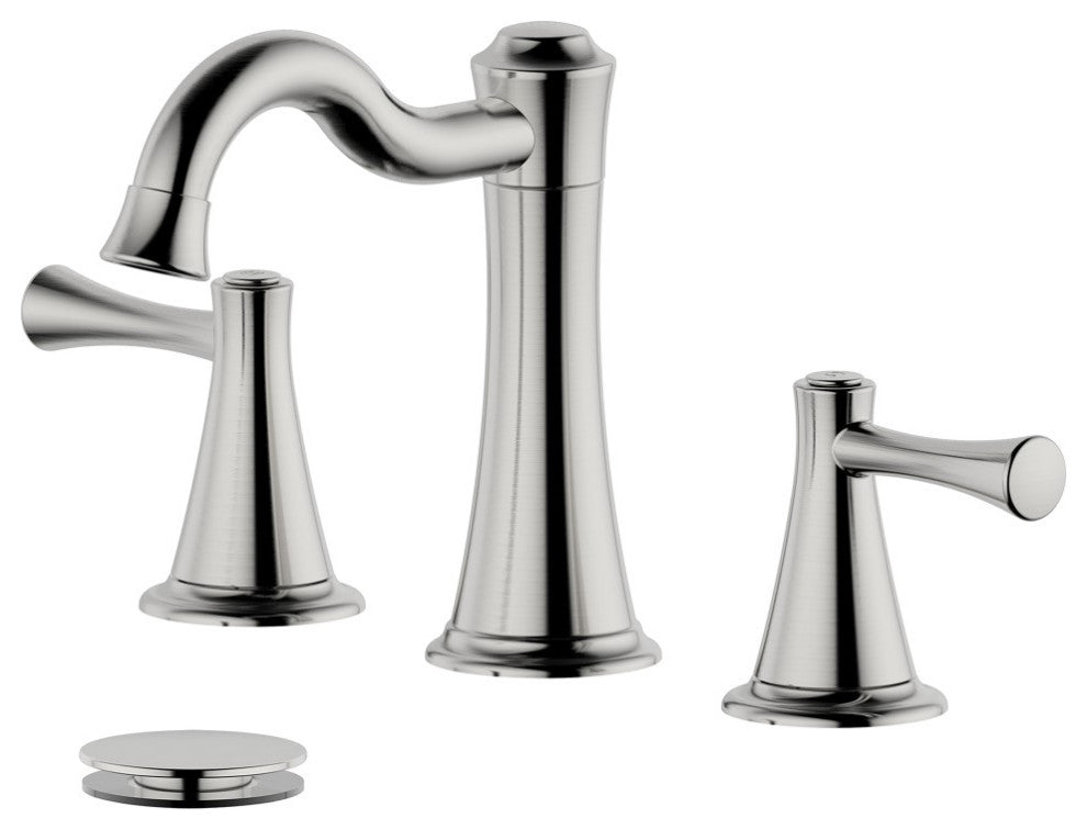 Konya Double Handle Brushed Nickel Faucet, Drain Assembly Without Overflow