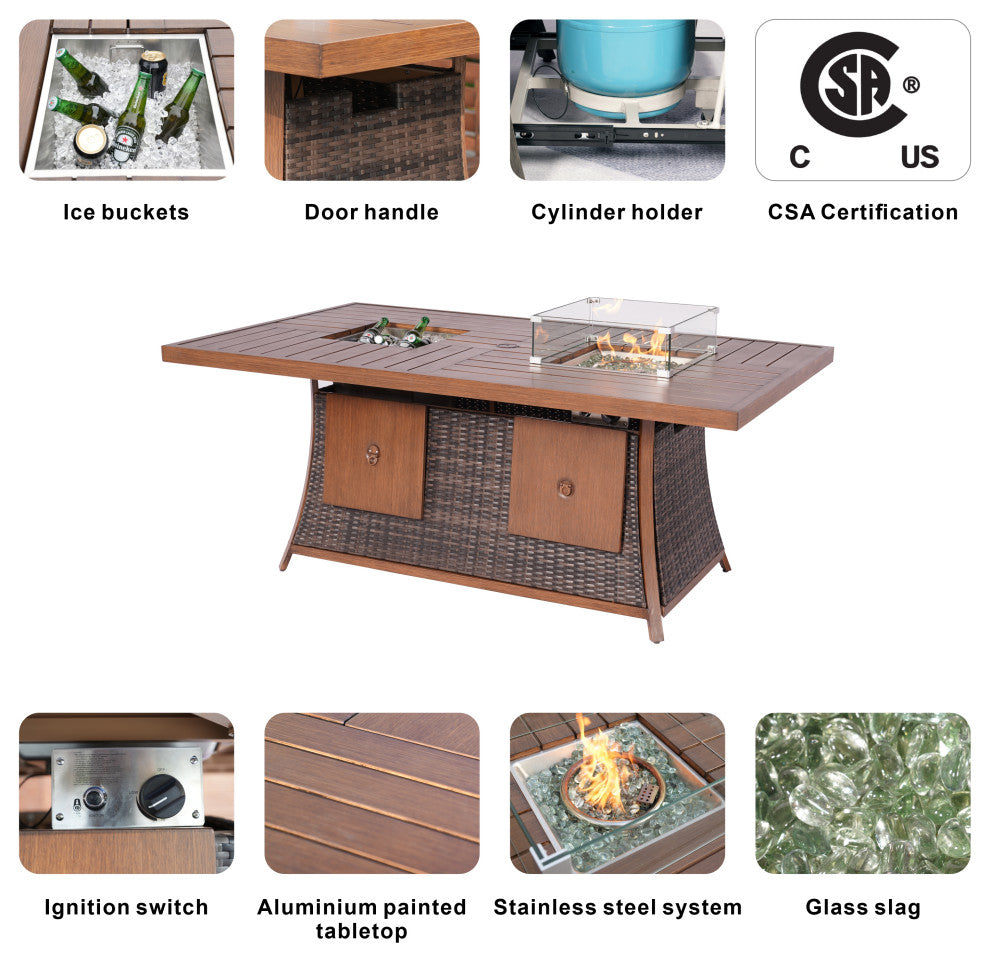 7-Piece Patio Sofa Set with Firepit and Ice Container Dining Table, Brown