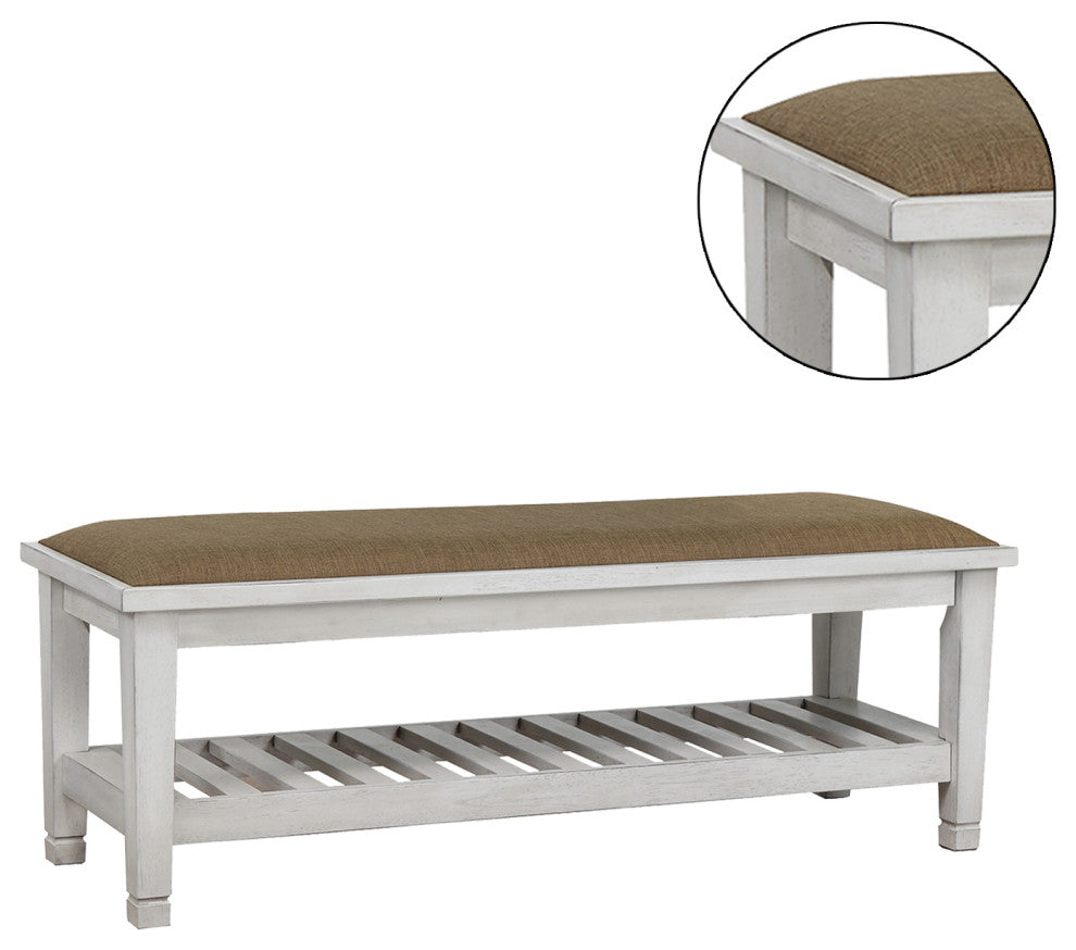 Upholstered Bench With Slatted Bottom Shelf Design, Antique White