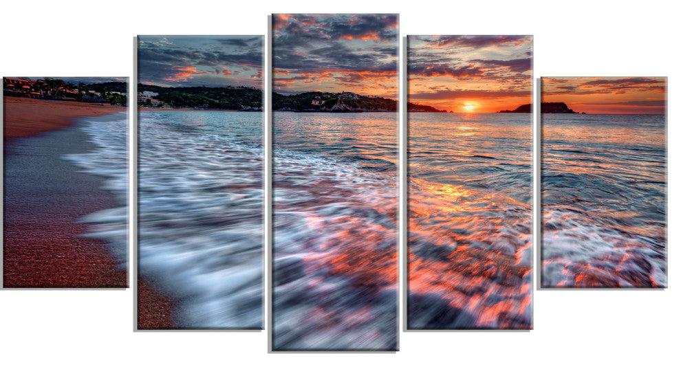 Calm Seashore with Rushing Waters, Seashore Canvas Art Print, 60"x32", 5 Panels