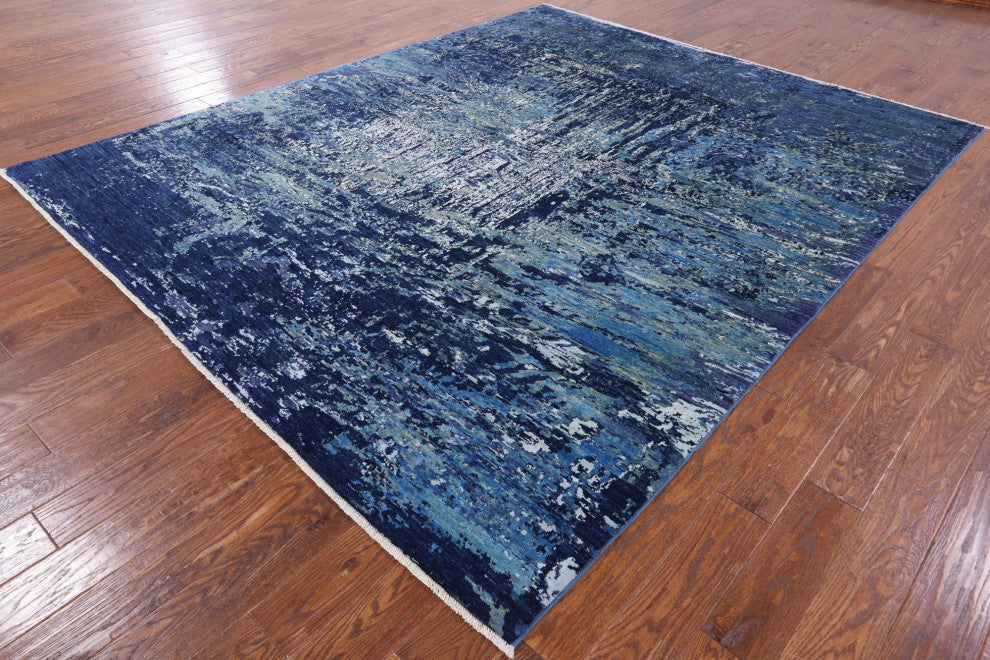 8' 2" X 9' 10" Abstract Wool and Silk Hand Knotted Rug Q4428