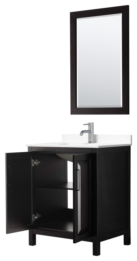 30, Single Vanity, Dark Espresso, White Marble Top, SQ Sink, 24, Mirror