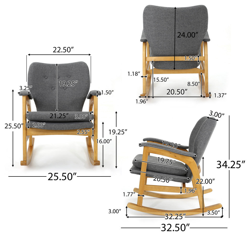 GDF Studio Bethany Mid Century Fabric Rocking Chair, Gray