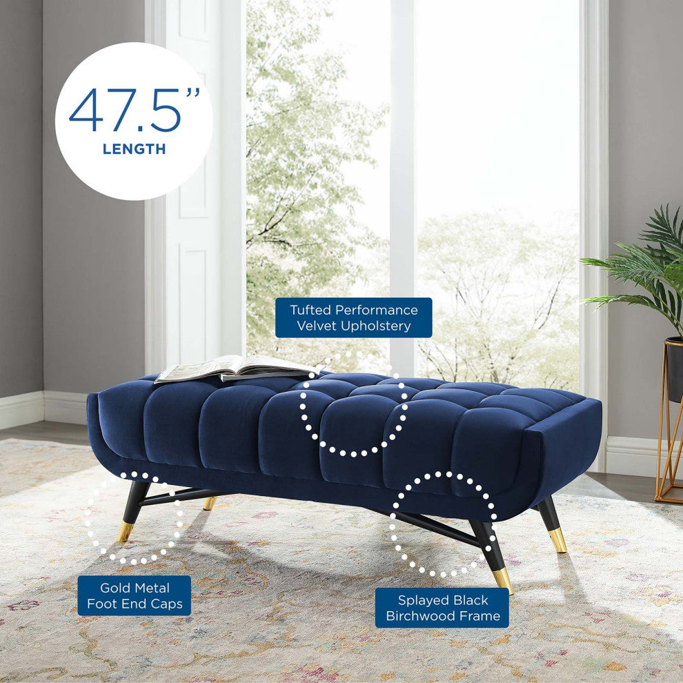 Accent Chair Bench, Velvet, Dark Blue, Modern, Living Lounge Hotel Hospitality