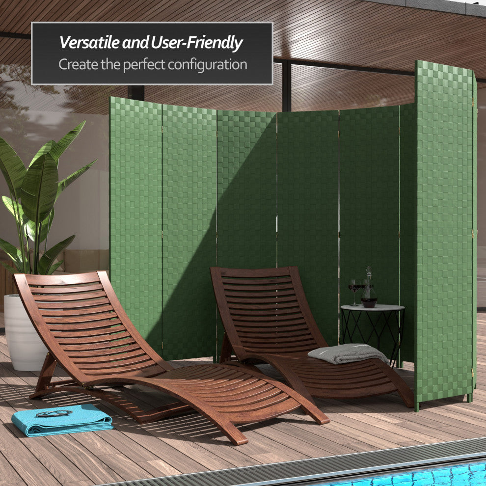 6' Tall Woven Fiber Outdoor All Weather Room Divider, 3 Panel, Green