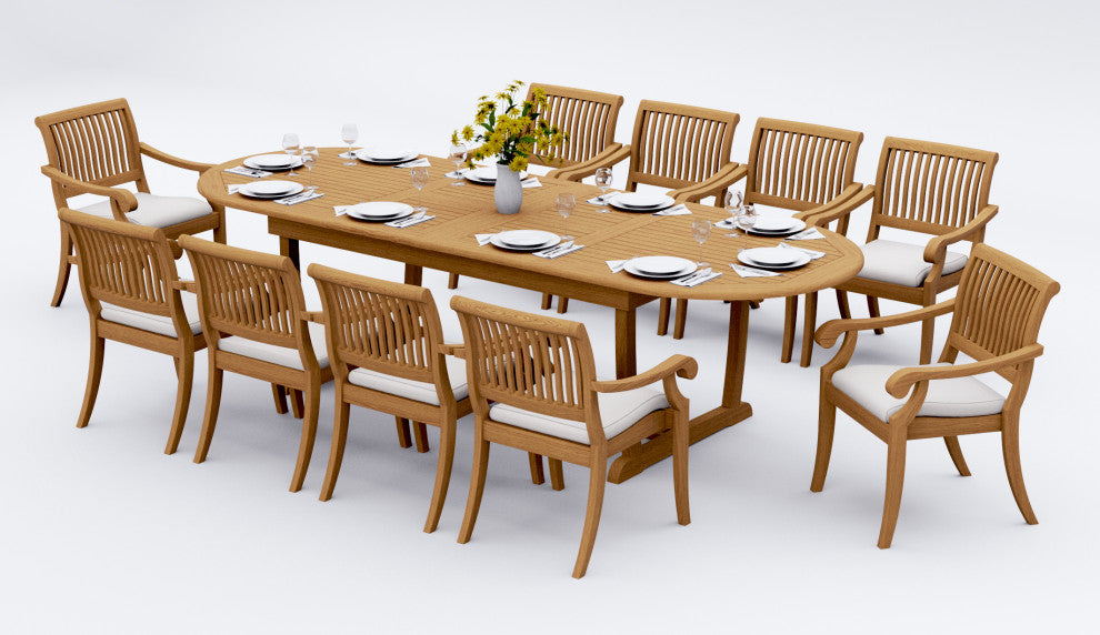 11-Piece Outdoor Teak Dining Set: 117" Masc Oval Table, 10 Arbor Arm Chairs
