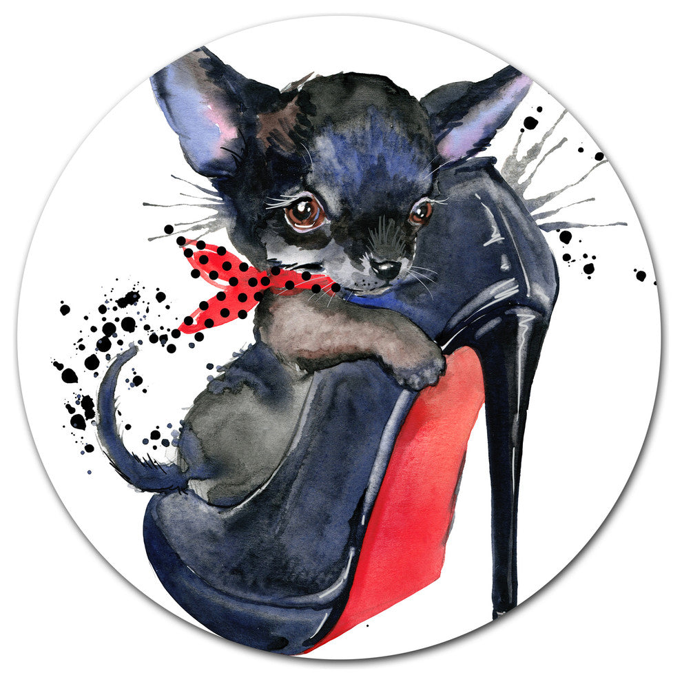 Cute Dog Over Heeled Shoe, Animal Disc Metal Artwork, 11"