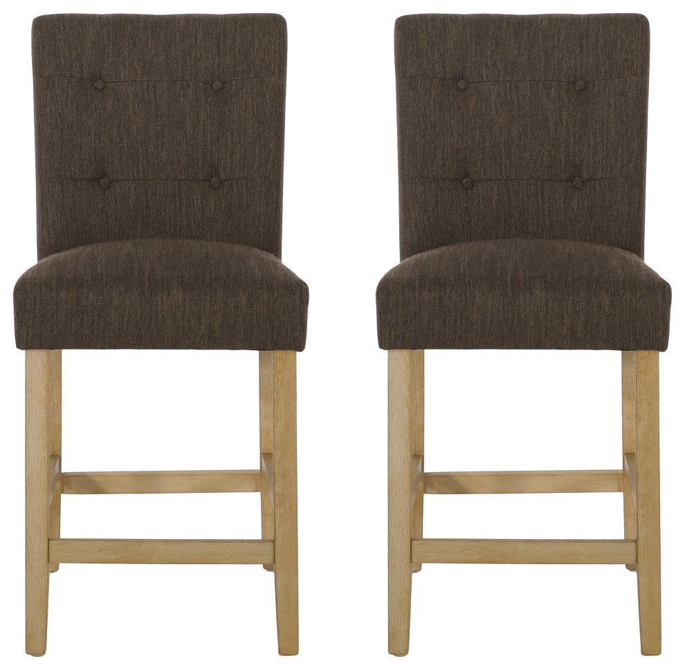 Dellroy Contemporary Fabric Button Tufted 26" Counter Stools, Set of 2, Brown/Weathered Brown