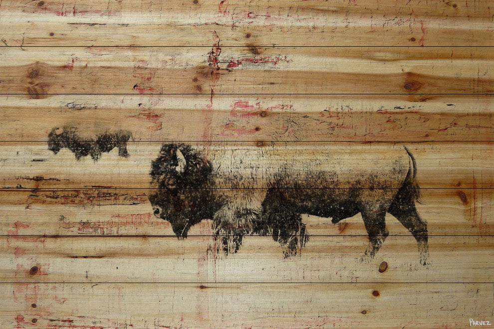 "Bison Herd Walk" Painting Print on Natural Pine Wood, 36"x24"