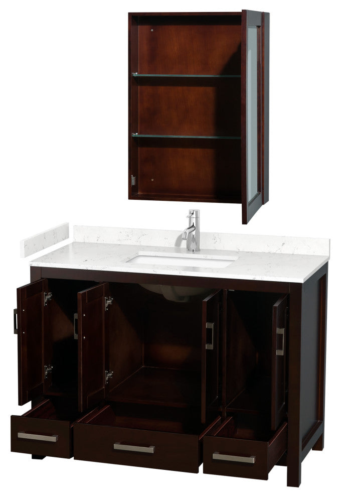48"SGL Vanity Espresso, Carrara Cult. Marble Countertop, Sink, Med. Cabinet