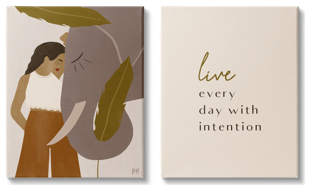 Live Everyday with Intention Woman Resting Against Elephant,24 x 30
