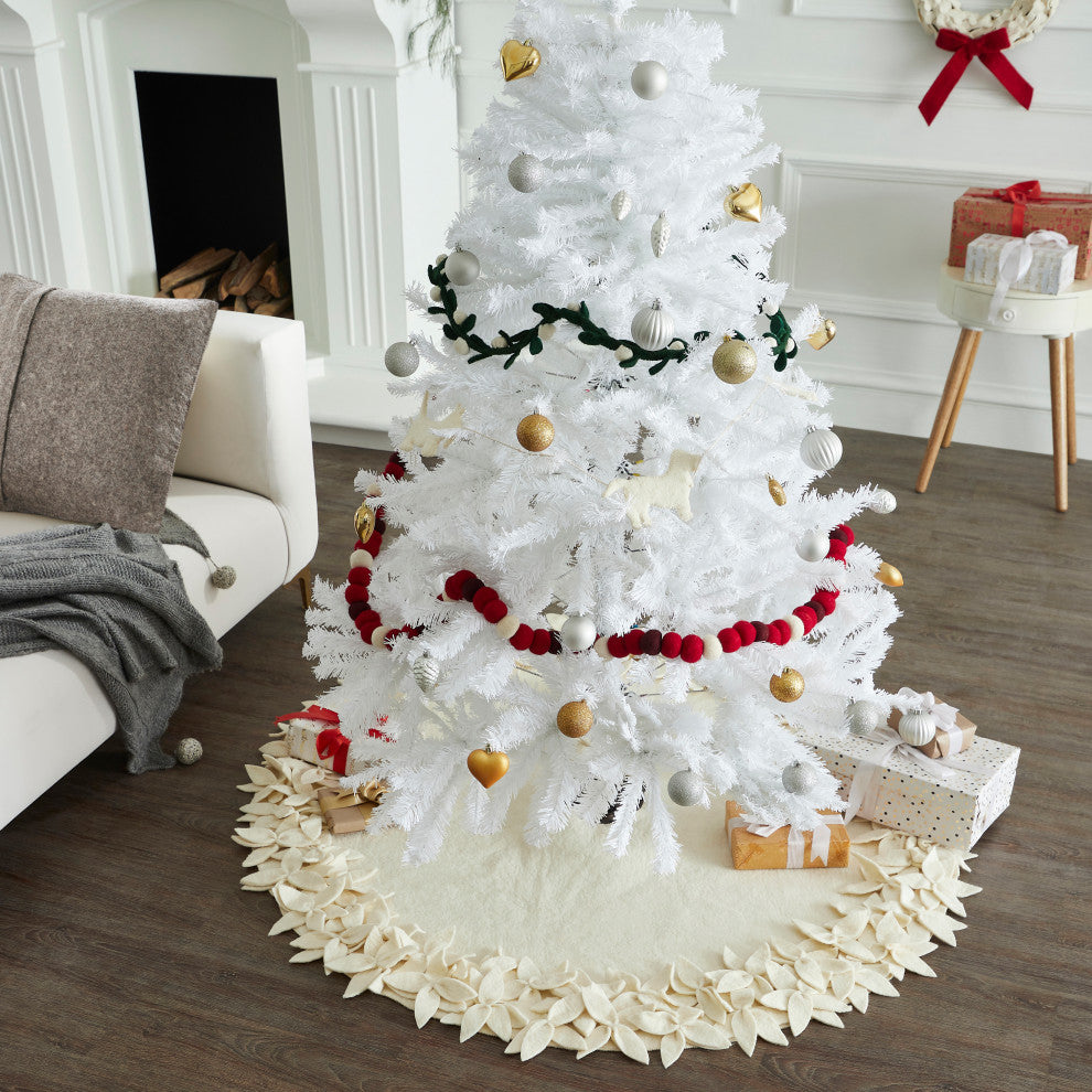 Overlapping Flowers Christmas Tree Skirt in Rustic Hand Felted Cream Wool
