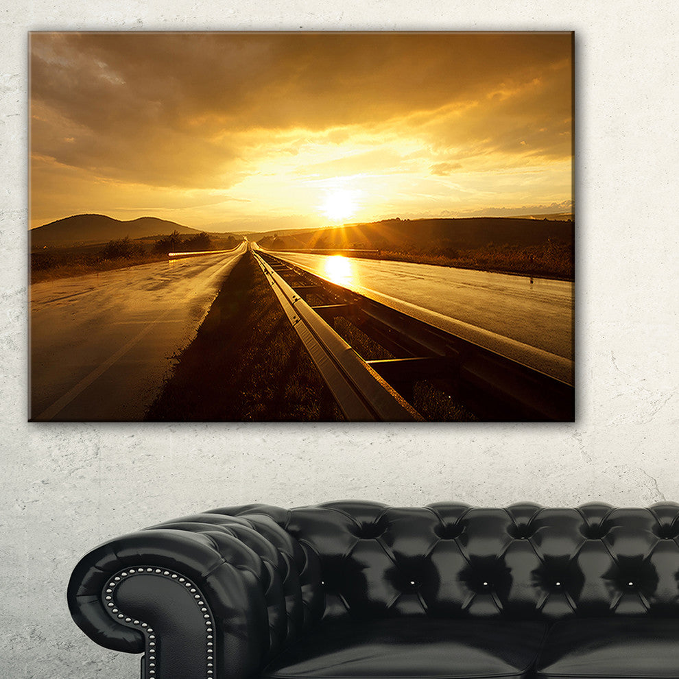 "Wet After Rain Road At Sunset" Extra Large Wall Art Landscape, 1 Panel, 60"x28"
