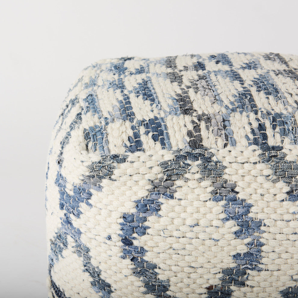 Eshana 16Lx16Wx16H Cream Wool and Denim Patterned Pouf