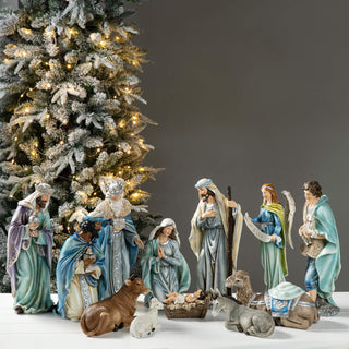12-Piece Oversized Deluxe Blue Resin Nativity Figurine Set