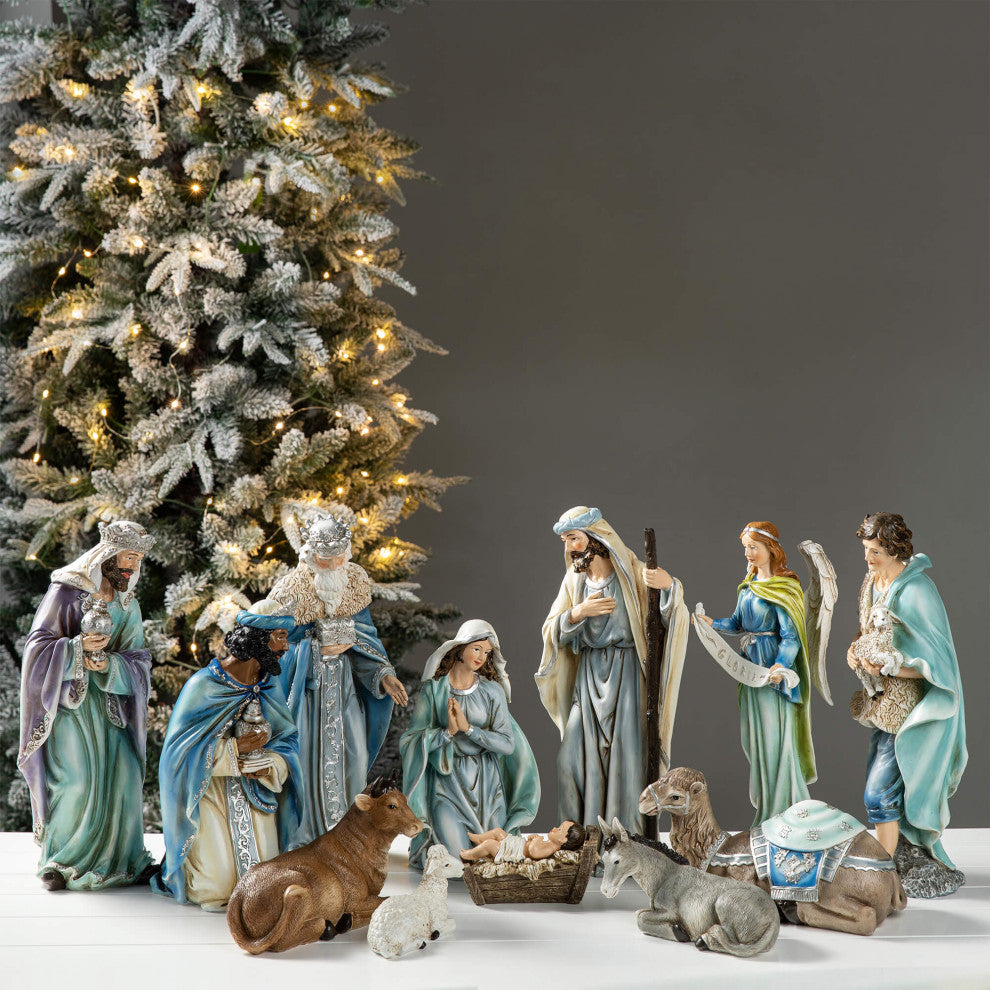 12-Piece Oversized Deluxe Blue Resin Nativity Figurine Set
