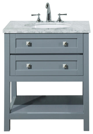 30" W Single Freestanding Bath Vanity, Gray With White Carrara Marble Top