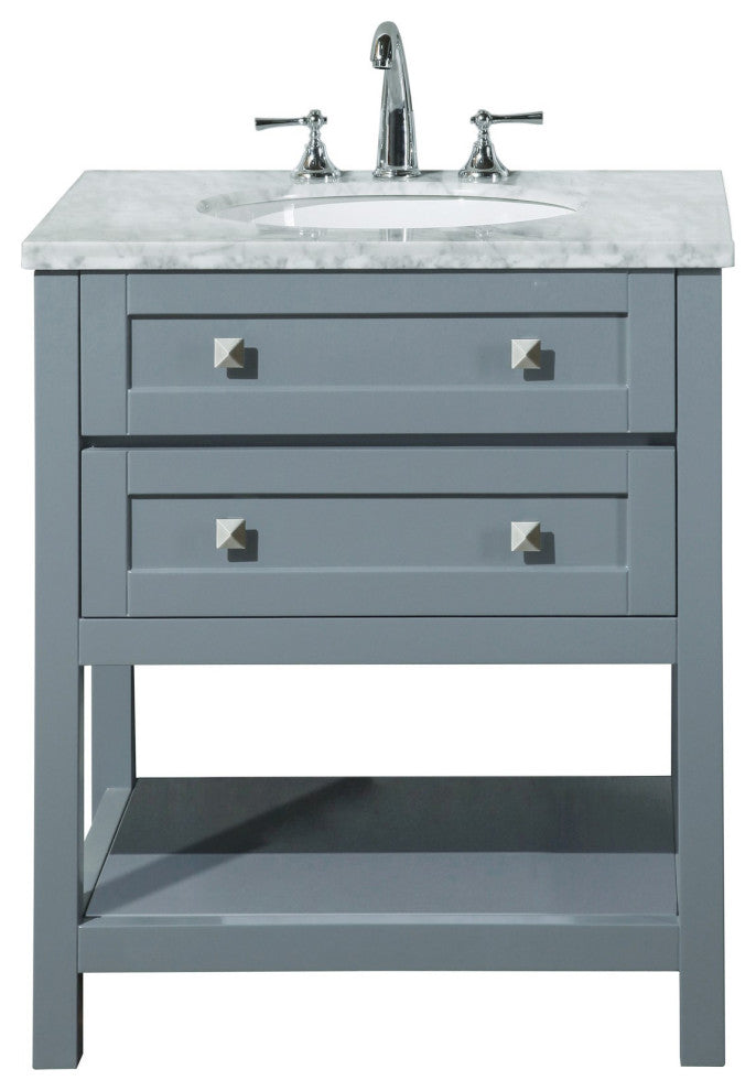 30" W Single Freestanding Bath Vanity, Gray With White Carrara Marble Top