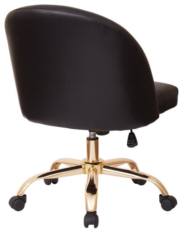 Elegant Office Chair, Golden Base With Padded Seat & Curved Back, Black Pu