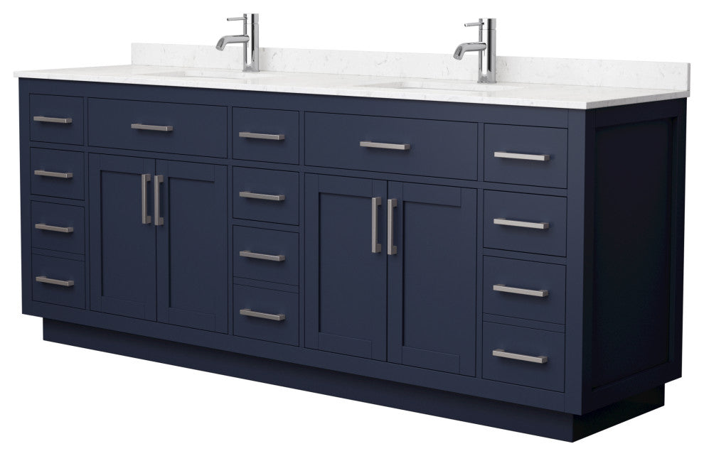Beckett TK 84" Dark Blue Double Vanity, Cultured Top, Nickel Trim
