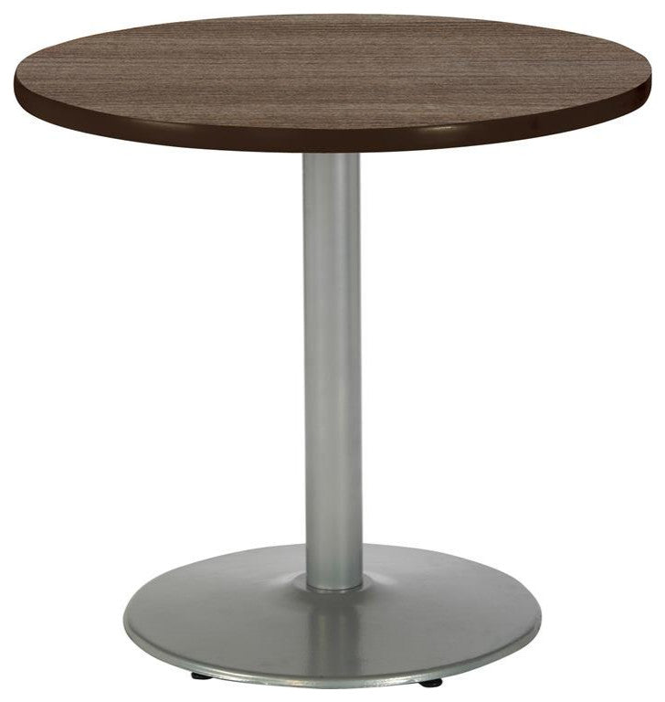 KFI Mode 36" Round Breakroom Table with Teak Round Silver Base Counter Height
