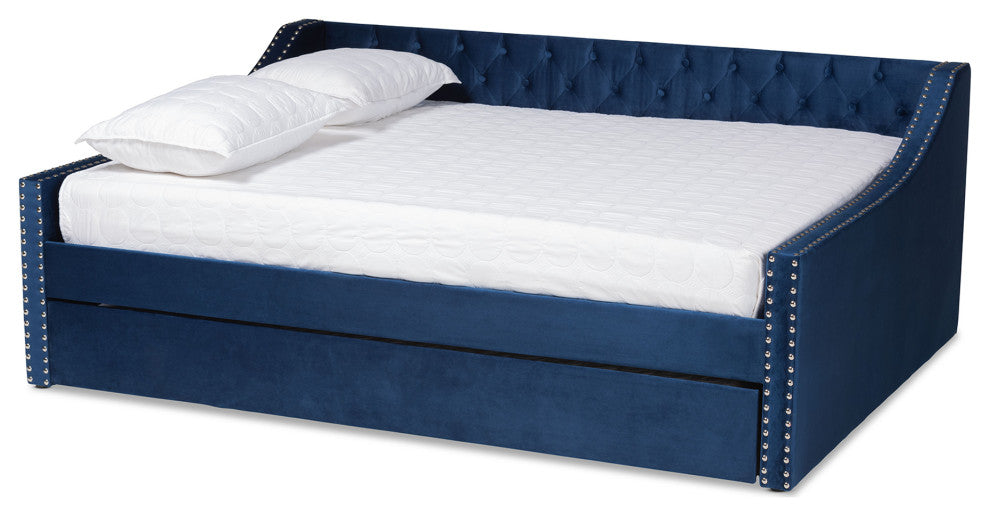 Shona Modern Velvet Upholstered Trundle Daybed, Navy, Queen Size